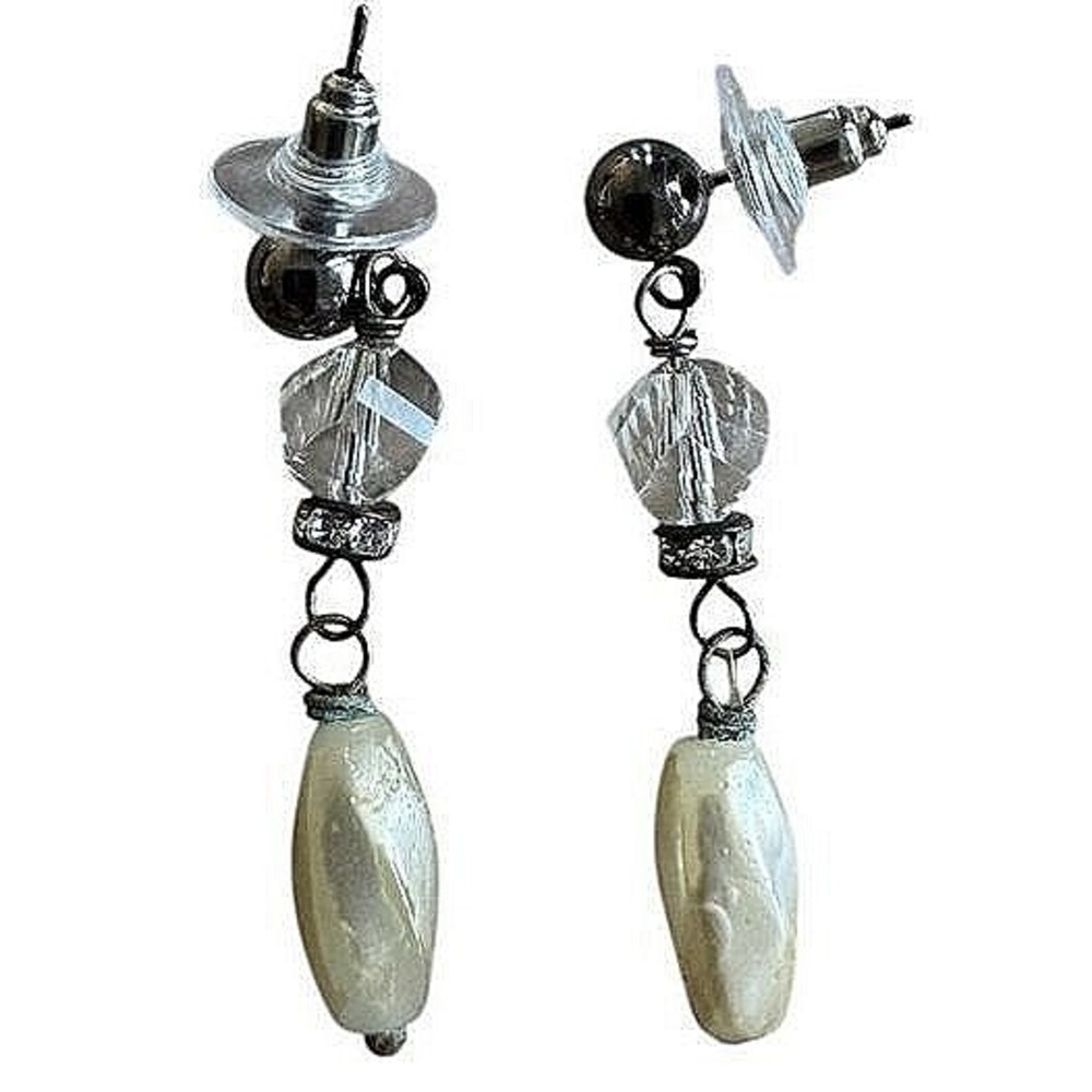 Vintage Dangle Earrings Women Small Silver Excellent Pearl Lever Back 2 Pairs - Picture 3 of 9